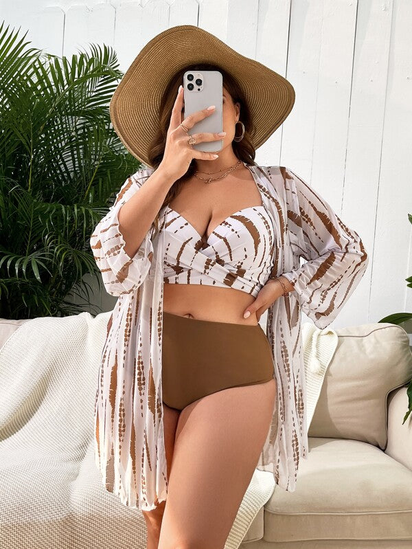Conjunto Cintura Alta Estampado Tropical Com Saída Plus Size