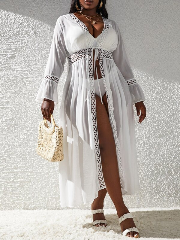 Saída De Praia Kaftan Longo Com Renda Guipir E Manga Sino Plus Size