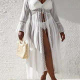 Saída De Praia Kaftan Longo Com Renda Guipir E Manga Sino Plus Size