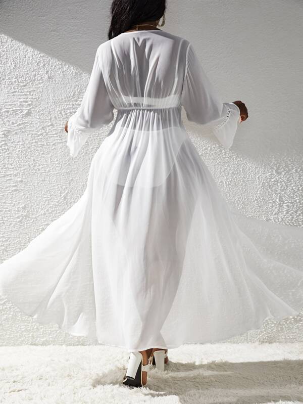 Saída De Praia Kaftan Longo Com Renda Guipir E Manga Sino Plus Size