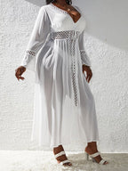 Saída De Praia Kaftan Longo Com Renda Guipir E Manga Sino Plus Size