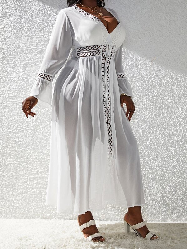 Saída De Praia Kaftan Longo Com Renda Guipir E Manga Sino Plus Size