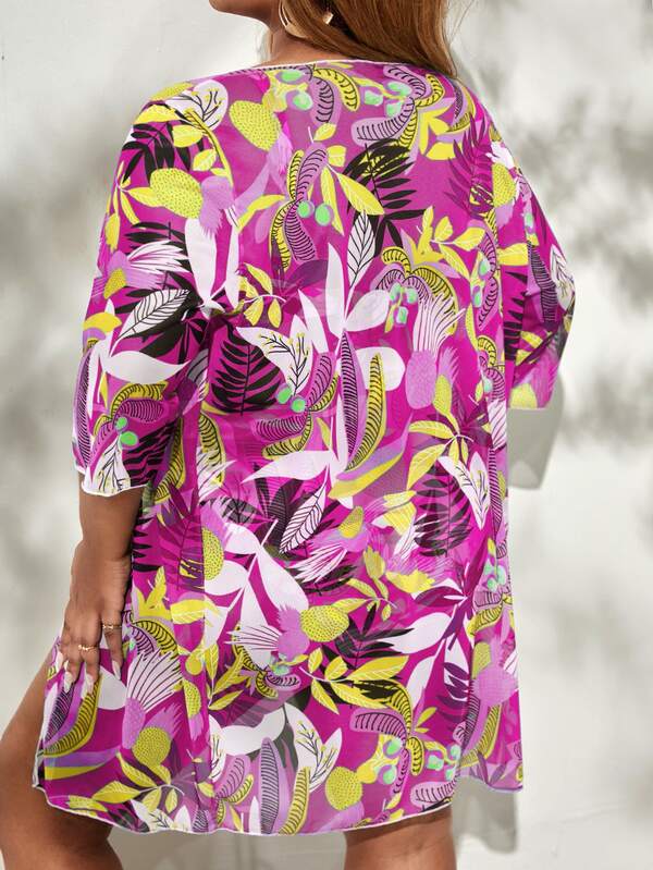 Conjunto Estampado Tropical Com Kimono E Aviamento Plus Size
