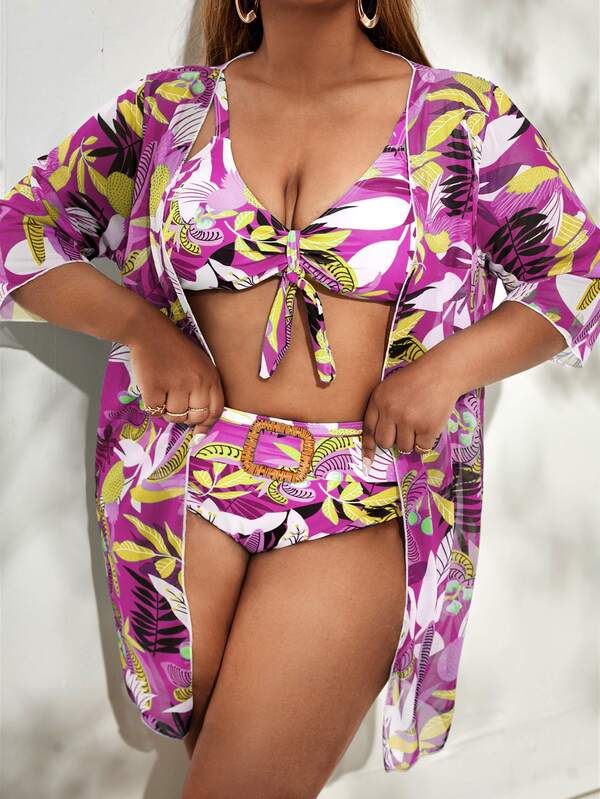 Conjunto Estampado Tropical Com Kimono E Aviamento Plus Size