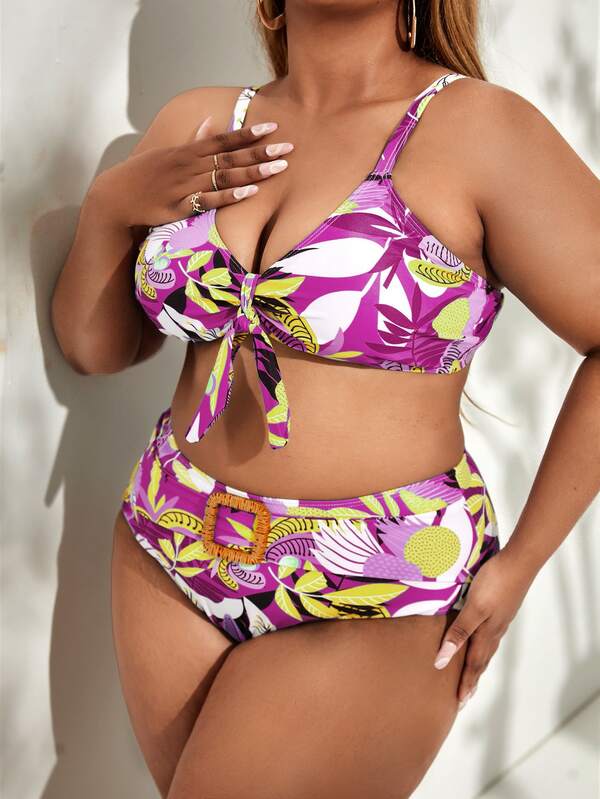 Conjunto Estampado Tropical Com Kimono E Aviamento Plus Size