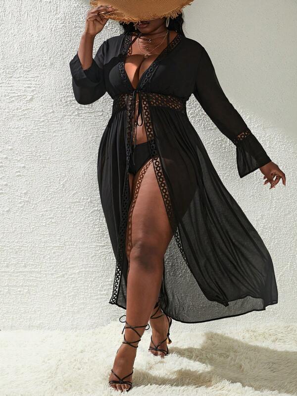Saída De Praia Kaftan Longo Com Renda Guipir E Manga Sino Plus Size