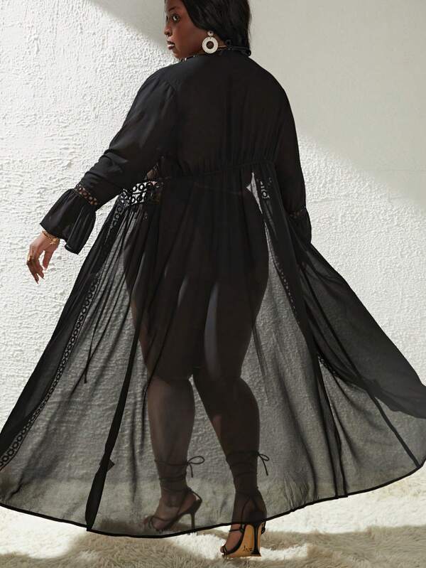 Saída De Praia Kaftan Longo Com Renda Guipir E Manga Sino Plus Size