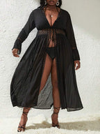Saída De Praia Kaftan Longo Com Renda Guipir E Manga Sino Plus Size