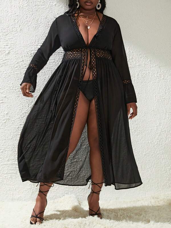 Saída De Praia Kaftan Longo Com Renda Guipir E Manga Sino Plus Size