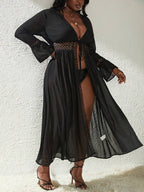 Saída De Praia Kaftan Longo Com Renda Guipir E Manga Sino Plus Size