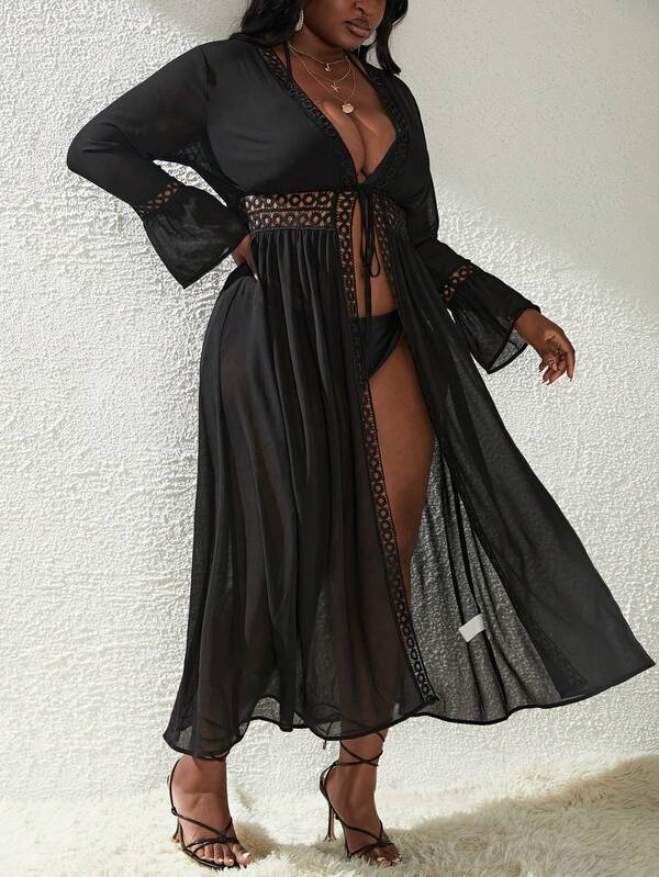 Saída De Praia Kaftan Longo Com Renda Guipir E Manga Sino Plus Size