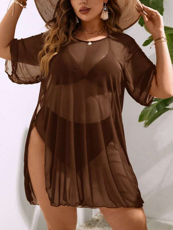 Saída De Praia Curta Em Tule Com Transparência E Fenda Plus Size