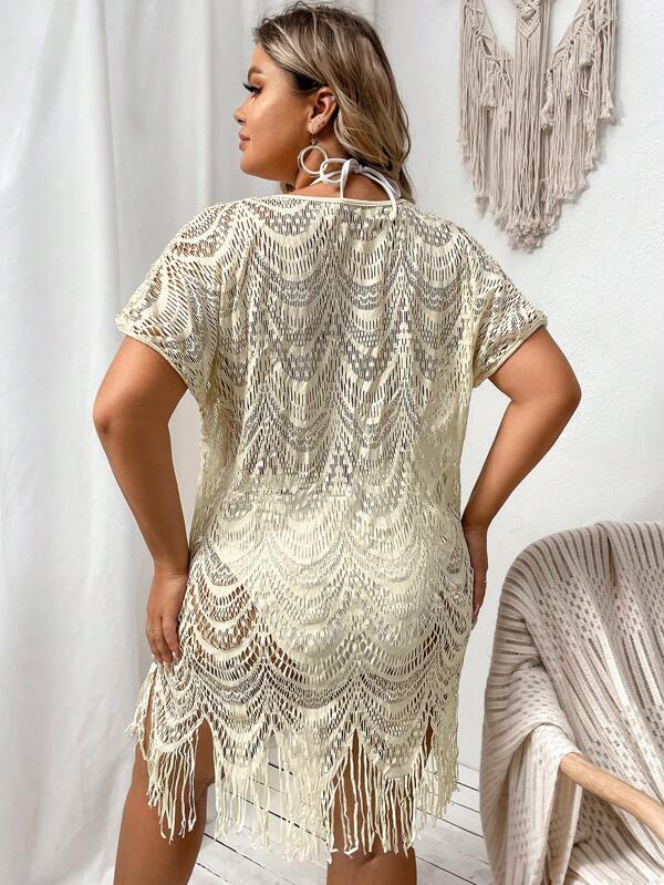 Saída De Praia Crochê Curta Com Franjas E Transparência Plus Size