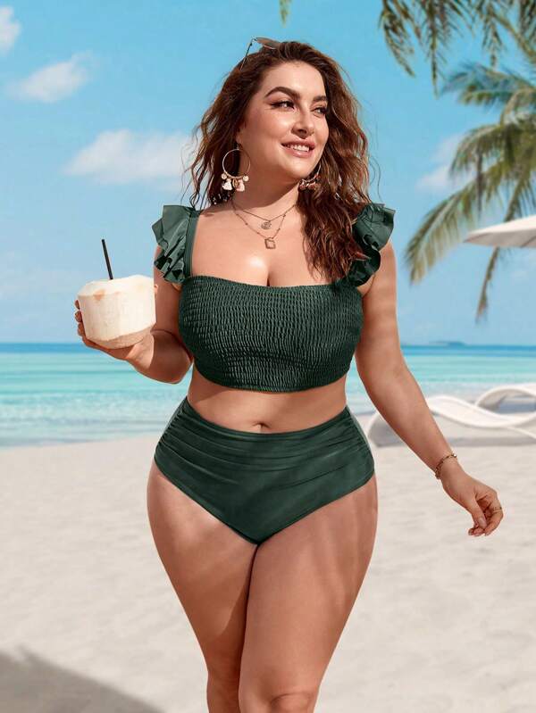 Biquíni Bandeau Cintura Alta Com Babados Plus Size