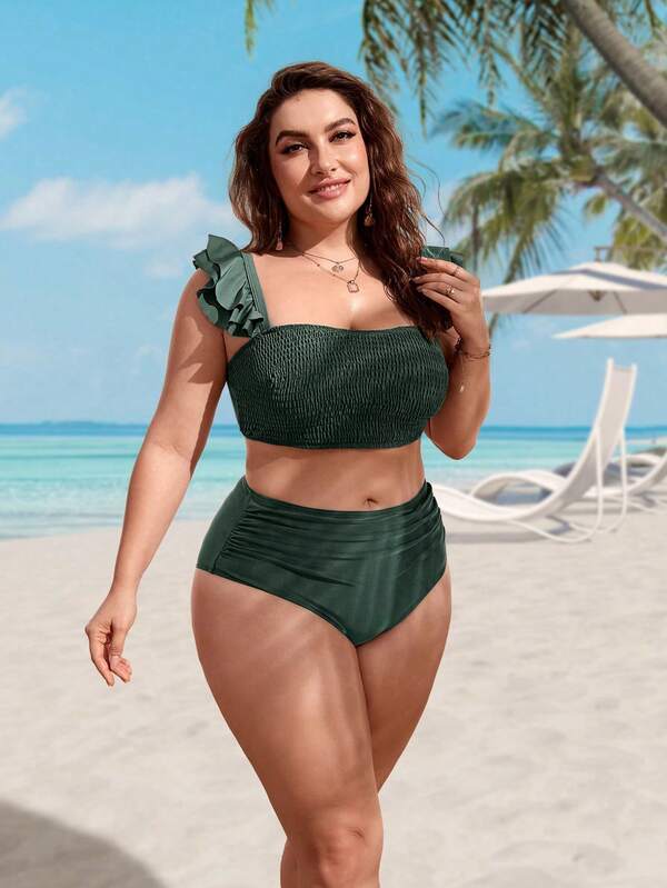 Biquíni Bandeau Cintura Alta Com Babados Plus Size