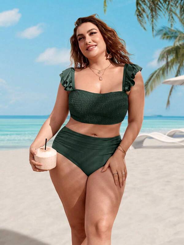 Biquíni Bandeau Cintura Alta Com Babados Plus Size