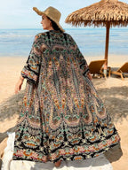 Saída De Praia Kimono Longo Estampado Com Manga Ampla Plus Size