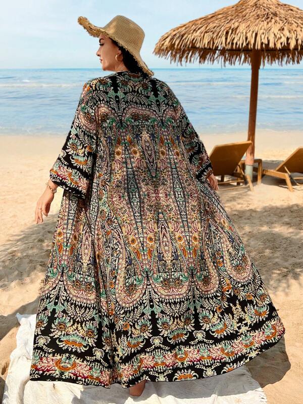 Saída De Praia Kimono Longo Estampado Com Manga Ampla Plus Size