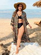 Saída De Praia Kimono Longo Estampado Com Manga Ampla Plus Size