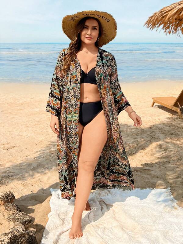 Saída De Praia Kimono Longo Estampado Com Manga Ampla Plus Size