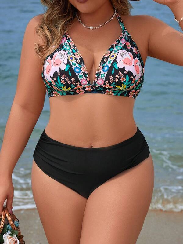 Biquíni Frente Única Cintura Alta Estampado Floral Plus Size