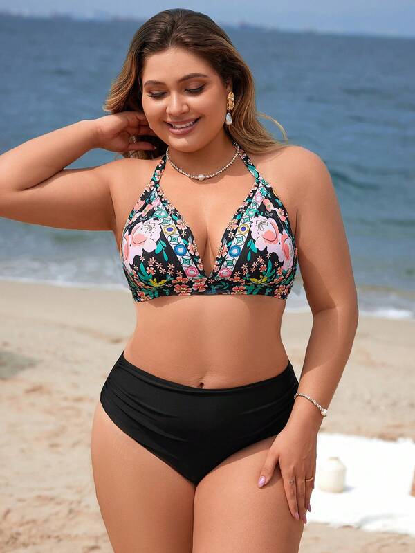 Biquíni Frente Única Cintura Alta Estampado Floral Plus Size