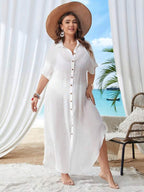 Saída De Praia Chemise Longa Com Botões Resort Plus Size