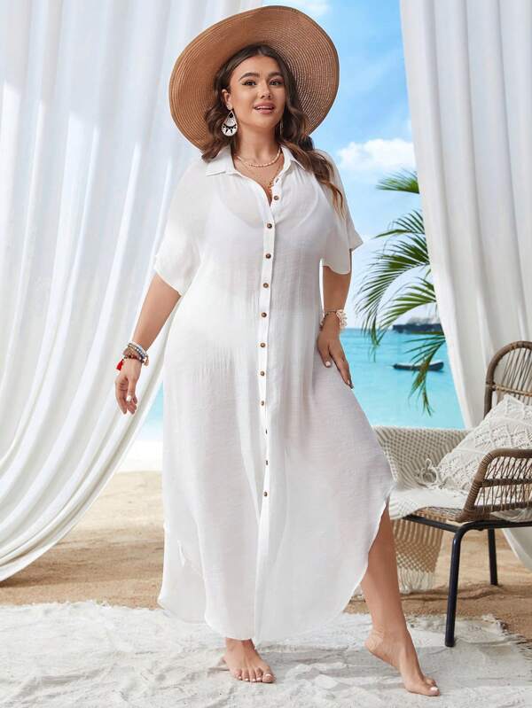 Saída De Praia Chemise Longa Com Botões Resort Plus Size