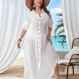 Saída De Praia Chemise Longa Com Botões Resort Plus Size