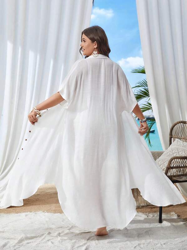 Saída De Praia Chemise Longa Com Botões Resort Plus Size