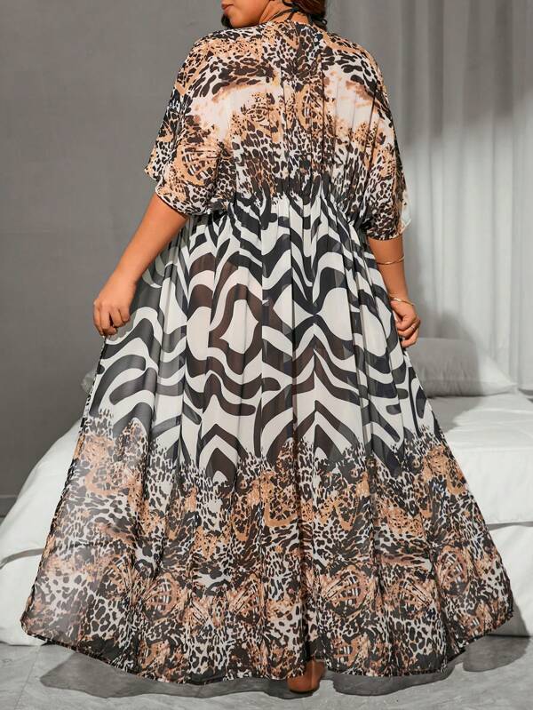 Saída De Praia Kaftan Longo Estampado Animal Print Plus Size