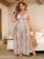 Conjunto Triângulo Cintura Alta Com Saída Listrado Plus Size