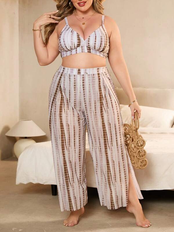 Conjunto Triângulo Cintura Alta Com Saída Listrado Plus Size