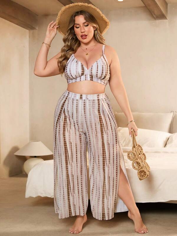 Conjunto Triângulo Cintura Alta Com Saída Listrado Plus Size