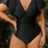 Maiô Decote V Franzido Com Babados Modelador Plus Size