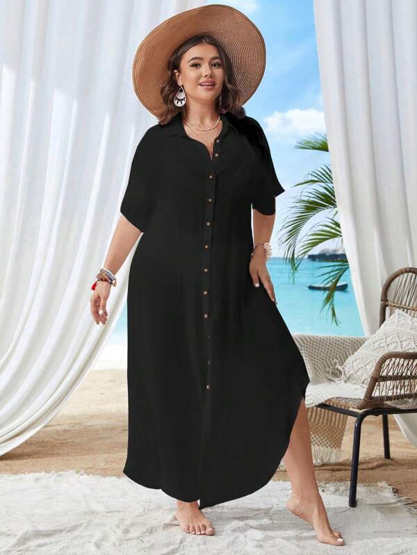 Saída De Praia Chemise Longa Com Botões Resort Plus Size
