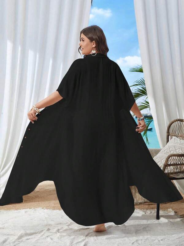 Saída De Praia Chemise Longa Com Botões Resort Plus Size