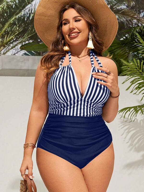 Maiô Frente Única Franzido Modelador Estilo Listrado Plus Size