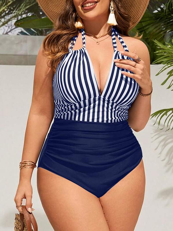 Maiô Frente Única Franzido Modelador Estilo Listrado Plus Size