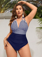 Maiô Frente Única Franzido Modelador Estilo Listrado Plus Size
