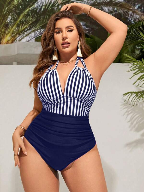 Maiô Frente Única Franzido Modelador Estilo Listrado Plus Size