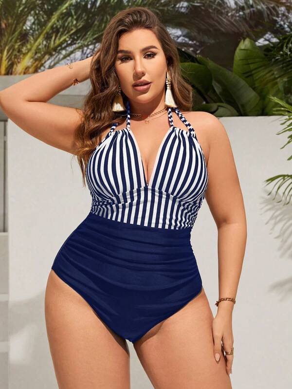Maiô Frente Única Franzido Modelador Estilo Listrado Plus Size