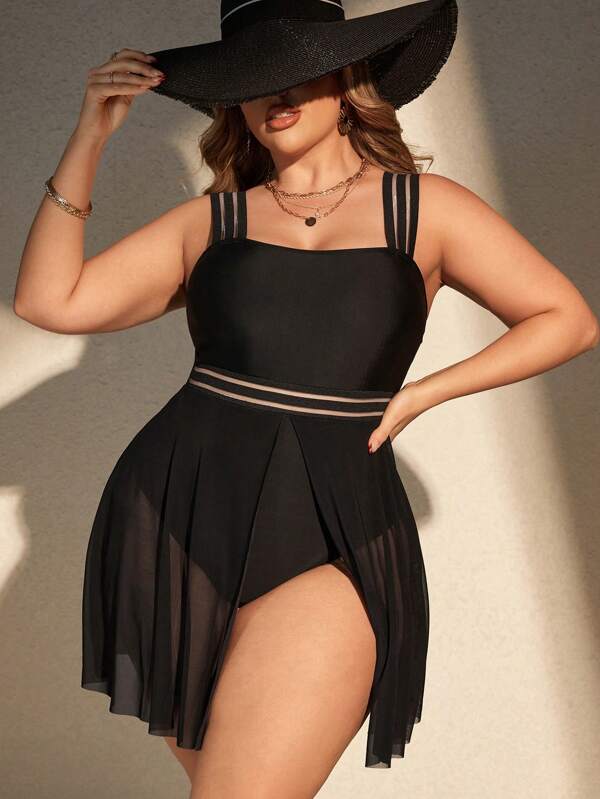 Maiô Regata Transparência Com Saia Modelador Plus Size