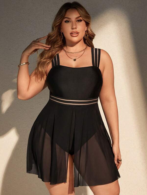 Maiô Regata Transparência Com Saia Modelador Plus Size
