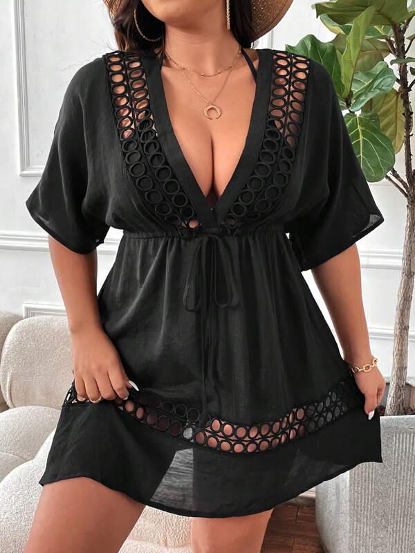 Saída De Praia Kaftan Curto Com Vazados E Amarração Plus Size