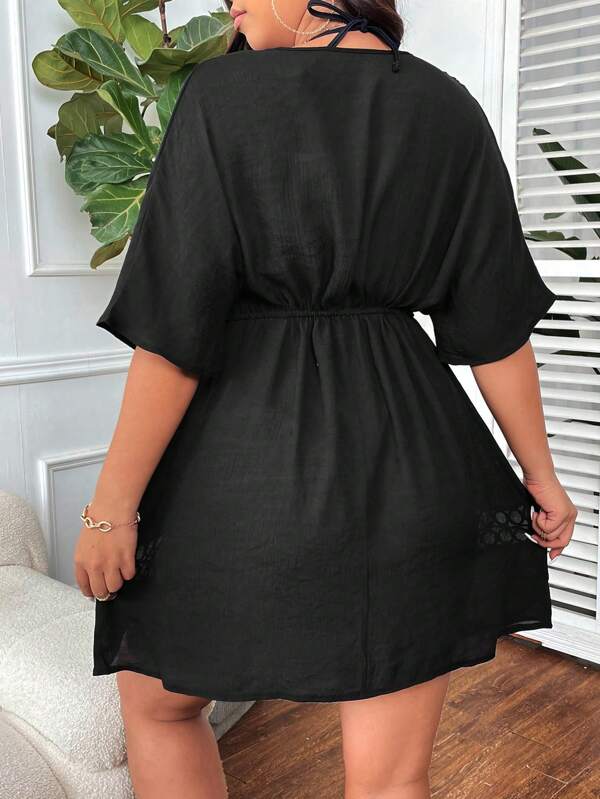 Saída De Praia Kaftan Curto Com Vazados E Amarração Plus Size