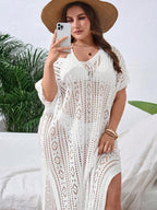 Saída De Praia Kaftan Longo Em Crochê Com Transparência Plus Size