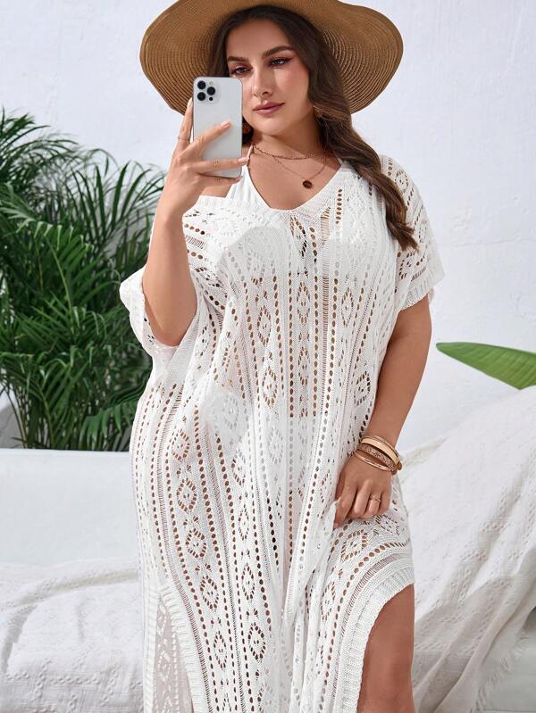 Saída De Praia Kaftan Longo Em Crochê Com Transparência Plus Size