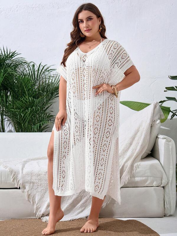 Saída De Praia Kaftan Longo Em Crochê Com Transparência Plus Size