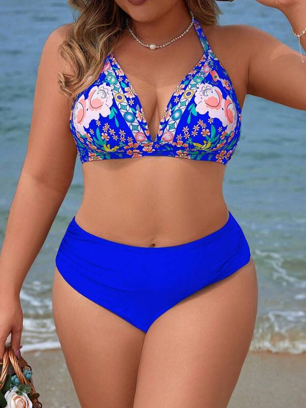 Biquíni Frente Única Cintura Alta Estampado Floral Plus Size